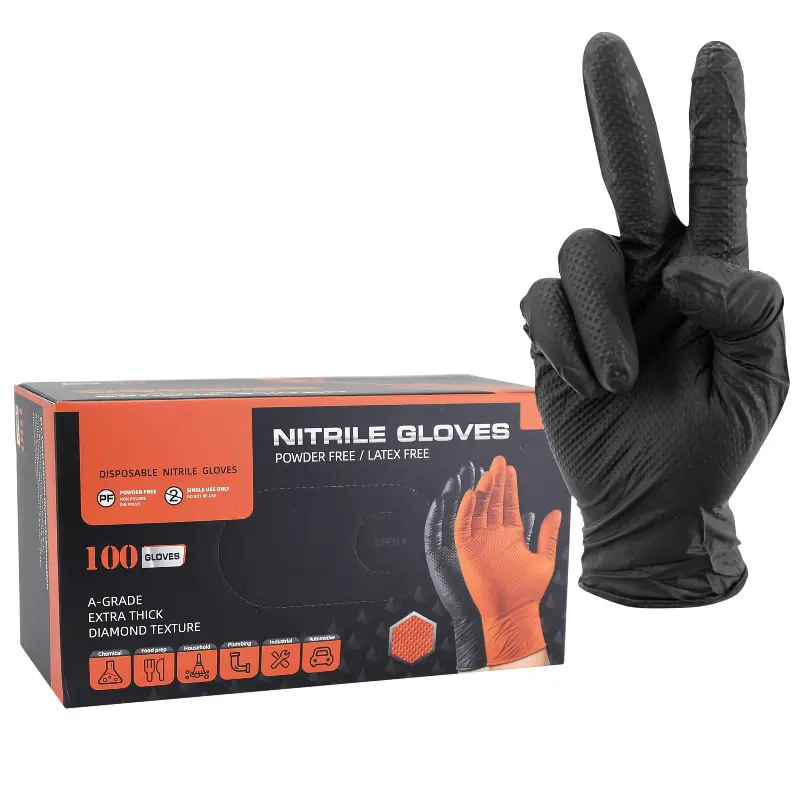 Gants d'atelier nitrile P2R texture diamant écailles de poisson résistant chimiques huiles essence noir T8 M boîte 100