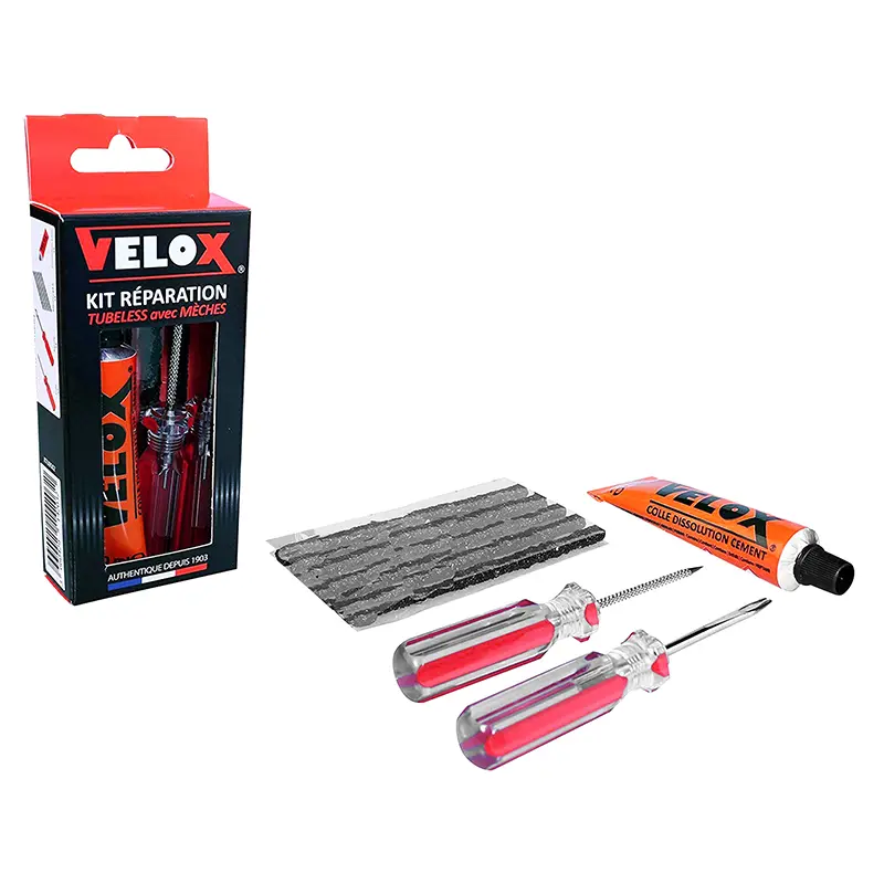 Kit de réparation pneu tubeless VTT Velox par l'extérieur avec mèches - Boîte (5 mèches D4.5XL50MM + dissolution + vrille + outil aiguille)