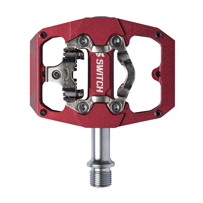 Pédales VTT plateforme Switch Crank Flip double fonction aluminium CNC rouge filetage 9/16" avec picots 85x70mm (paire + cales Shimano SPD)