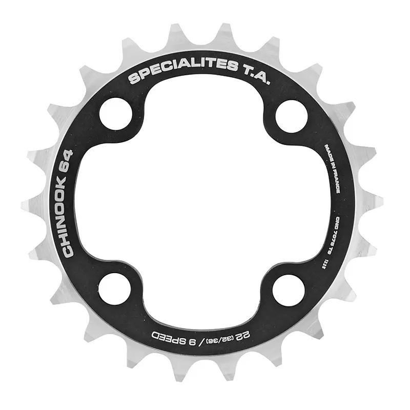 Plateau VTT Spécialités TA 4BRA diamètre 64 Chinook 22 DTS intérieur double-triple noir alu Shimano SRAM FSA 9V