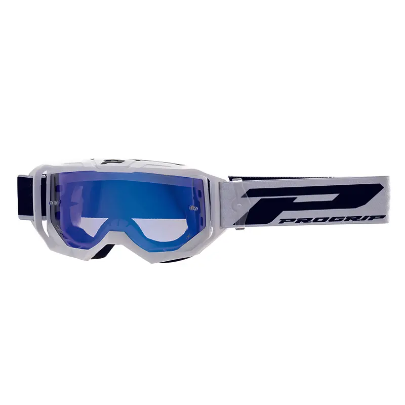 Masque-lunettes cross Progrip 3300 FL vision go multicouche blanc mat écran miroir argent anti-rayures anti-UV anti-buée