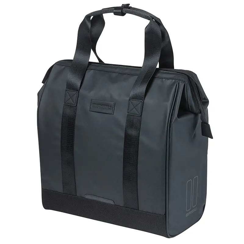 Seitliche Fahrrad-Gepäcktasche hinten Basil Grand Tarpaulin Shopper schwarz wasserdicht 23L Befestigung MIK Hooks (34X19X35CM)