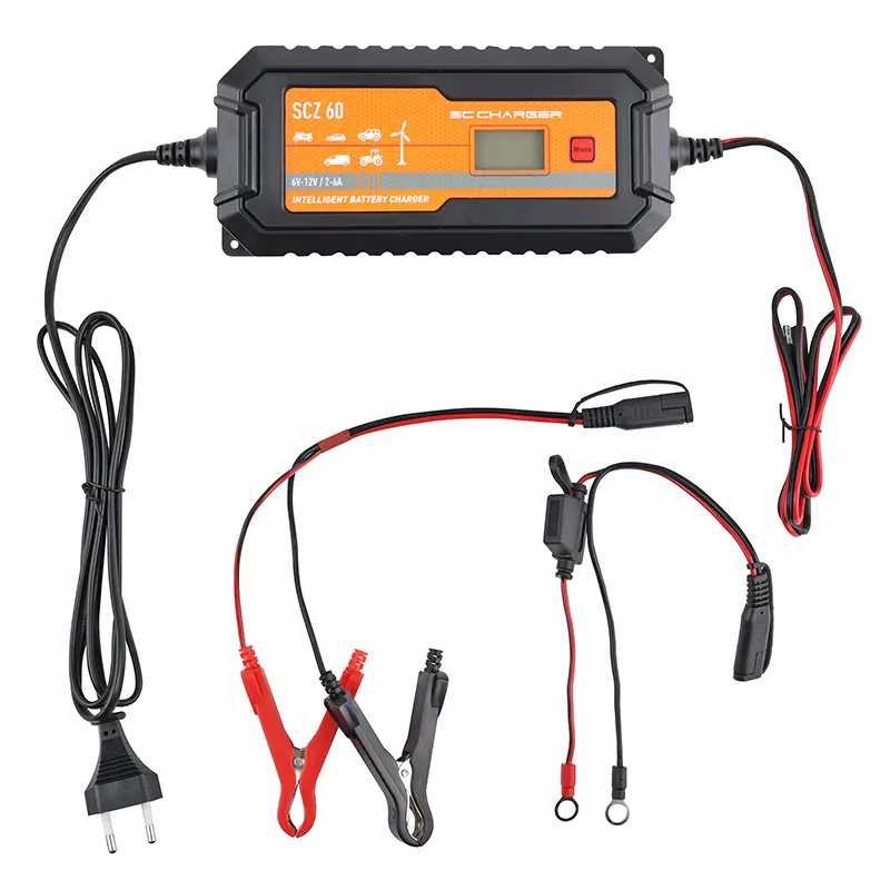 ایس سی چارجر SCZ60 آٹومیٹک 6-12V ایل سی ڈی اسکرین 2-6A بیٹری چارجر اور مینٹینر