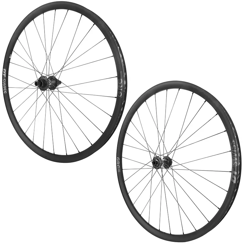 Paire de roues gravel 700 DT Swiss GRC log classic-c carbone centerlock axe traversant 12-100 et 12-142 mm cassette SRAM XDR 11-12V noir jante 25 mm
