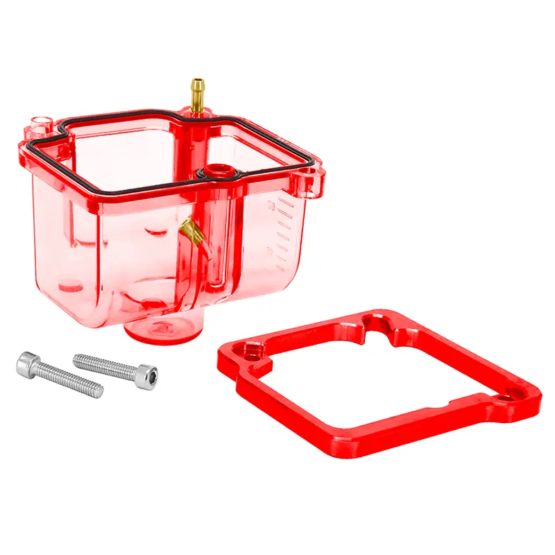 Kraftstoffbehälter für Vergaser Typ PWK 19 bis 30 mm transparent rot mit Schrauben und Behälterverlängerung