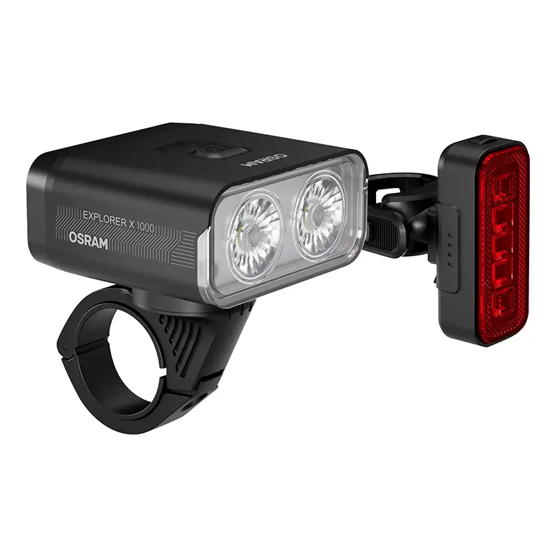 Fahrradbeleuchtung USB-Kit Osram LED MTB explorer 1000 Lumen schwarz Funktion automatische Beleuchtung-Blitzmodus- Bremslicht (Laufzeit 4H-18H) (vorne+hinten)