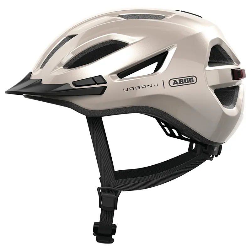 Fahrradhelm für Erwachsene Abus Urban-I 4.0 champagne beige Größe L (57-61 cm) Ratschenverstellung Rücklicht USB