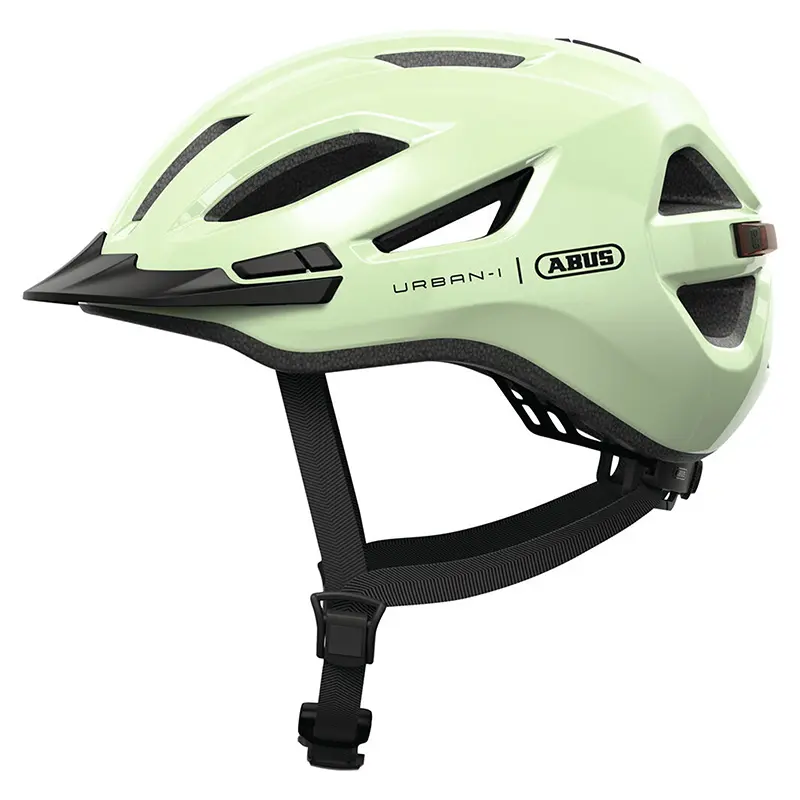 Fahrradhelm Erwachsene Abus Urban-I 4.0 pistaziengrün Größe L (57-61 cm) Ratschenverstellung Heckbeleuchtung USB — Helme