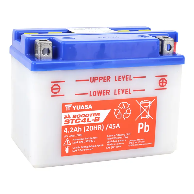 بیٹری 12V 4 ah STC4L-B Yuasa سکوٹر روایتی دیکھ بھال کے ساتھ + تیزاب پیک کے ساتھ کتاب (lg121xl70xh92mm) (مساوی YB4L-B - cca 45)
