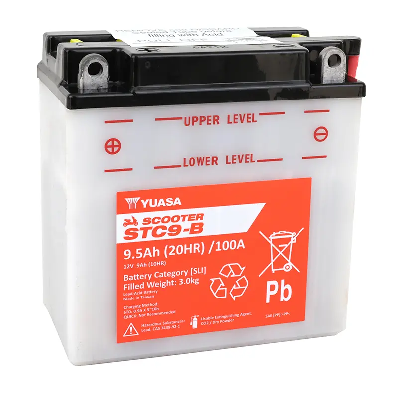 Baterie 12V 9 Ah STC9-B Yuasa skútr konvenční s údržbou + dodávána s kyselinovým balíčkem (d137xš77xv141mm) (ekvivalent YB9L-B - cca 100)