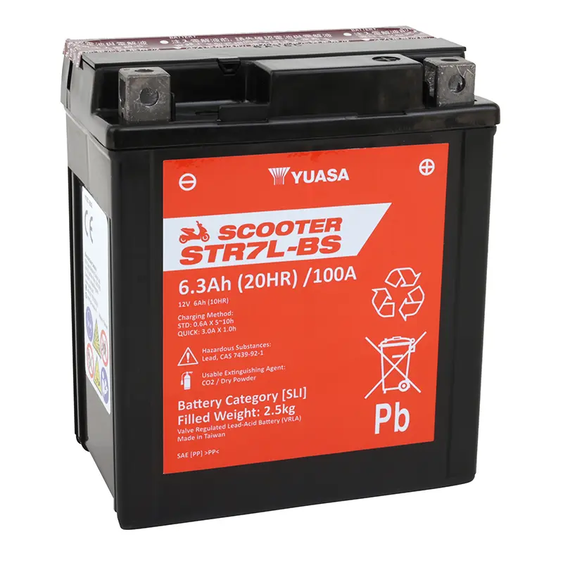 Baterija 12V 6 Ah STR7L-BS Yuasa skuteriui MF be priežiūros, pristatoma su rūgšties pakuote (lg113xl70xh130mm) (ekvivalentas YTX7L-BS - cca 100)