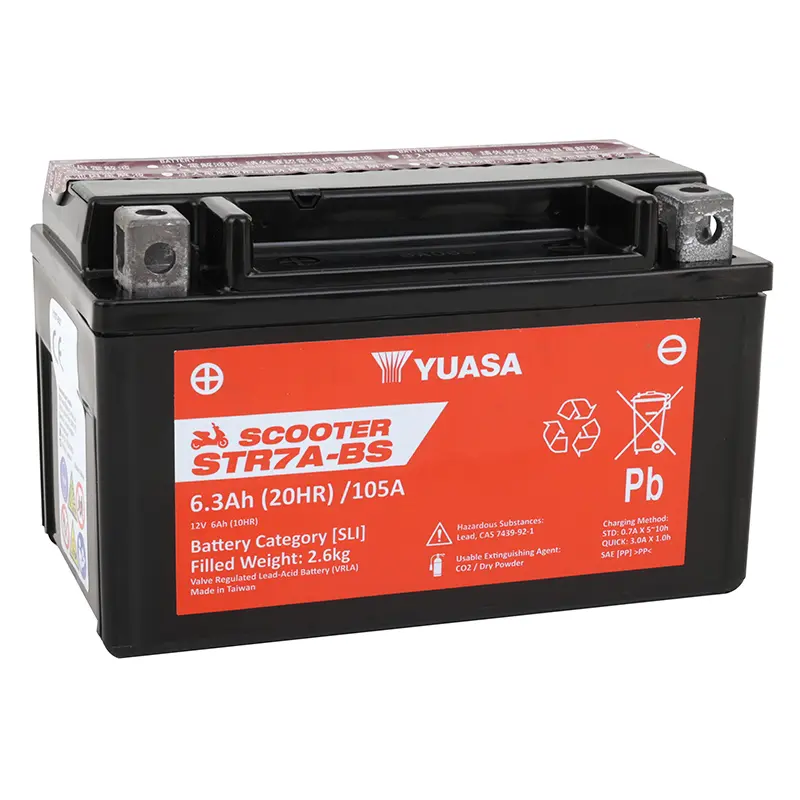 Yuasa 12V 6 ah STR7A-BS skūtera MF bezapkopes akumulators piegādāts ar skābes paku (lg150xl87xh93mm) (ekvivalents YTX7A-BS - cca 105)