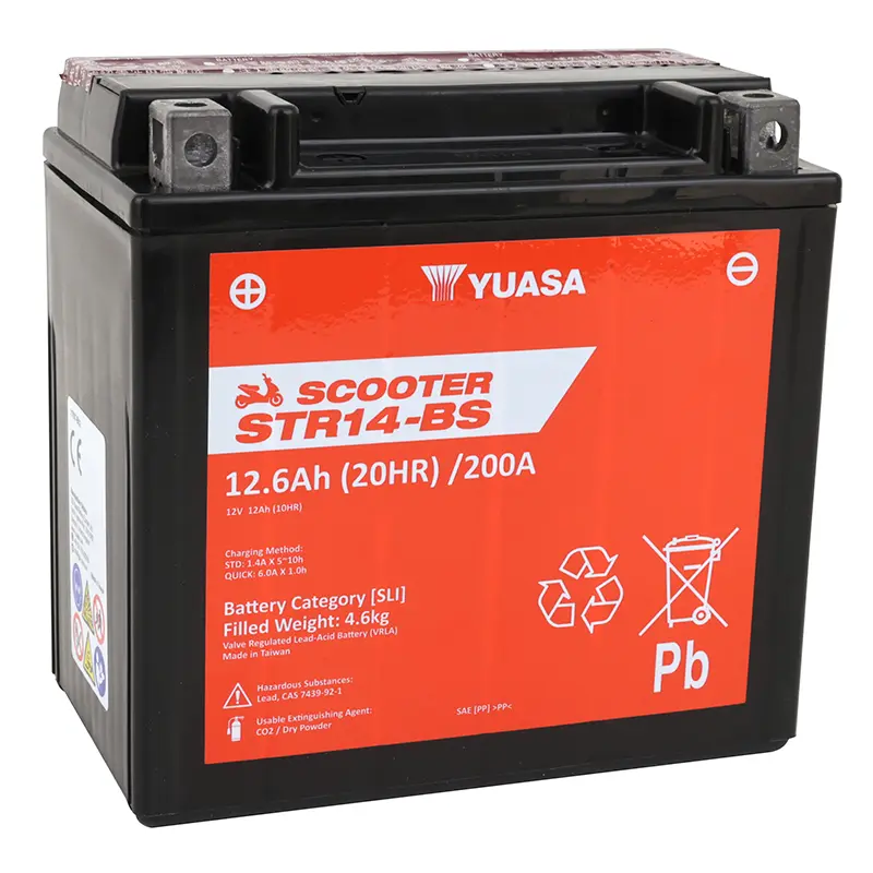 Batterie 12V 12 Ah STR14-BS Yuasa Roller MF wartungsfrei geliefert mit Säurepack (L150xB87xH145mm) (äquivalent YTX14-BS - KCA 200)