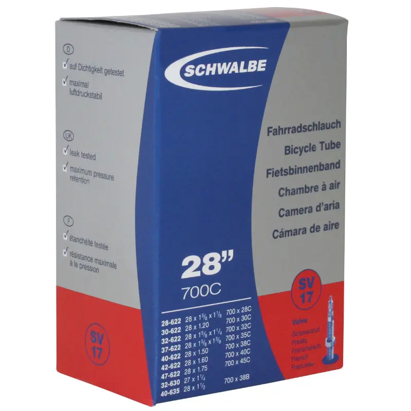 Chambre à air vélo 700 x 28-45 - 27 x 1 1/4 Schwalbe valve Presta obus démontable 40 mm tout aluminium