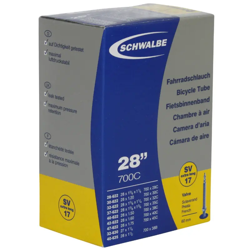 Fahrradschlauch 700 x 28-45 Schwalbe Ventil Presta mit abnehmbarem Nippel 60MM voll Alu (SV17V)
