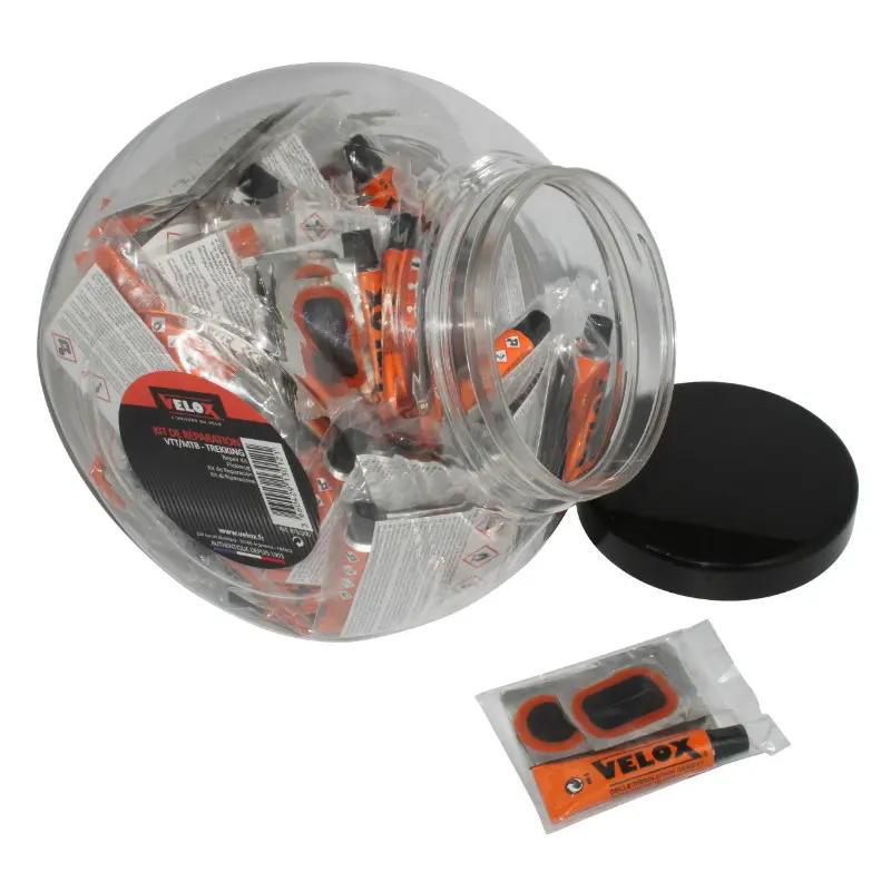 Velox City-VTC-MTB Schlauch-Reparaturset (6 Flicken 25mm + 1 Flicken 34x24mm + 1 Flicken 50x30mm + Kleber 5g + Stahlfeile) mit Anleitung - Dose mit 50 Sets