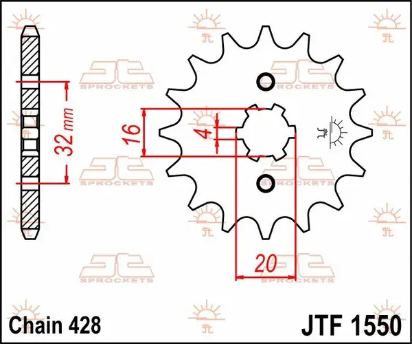Pinion JT Sprockets 14 dinți PAS 428 diametru interior 16 mm — vederea 3