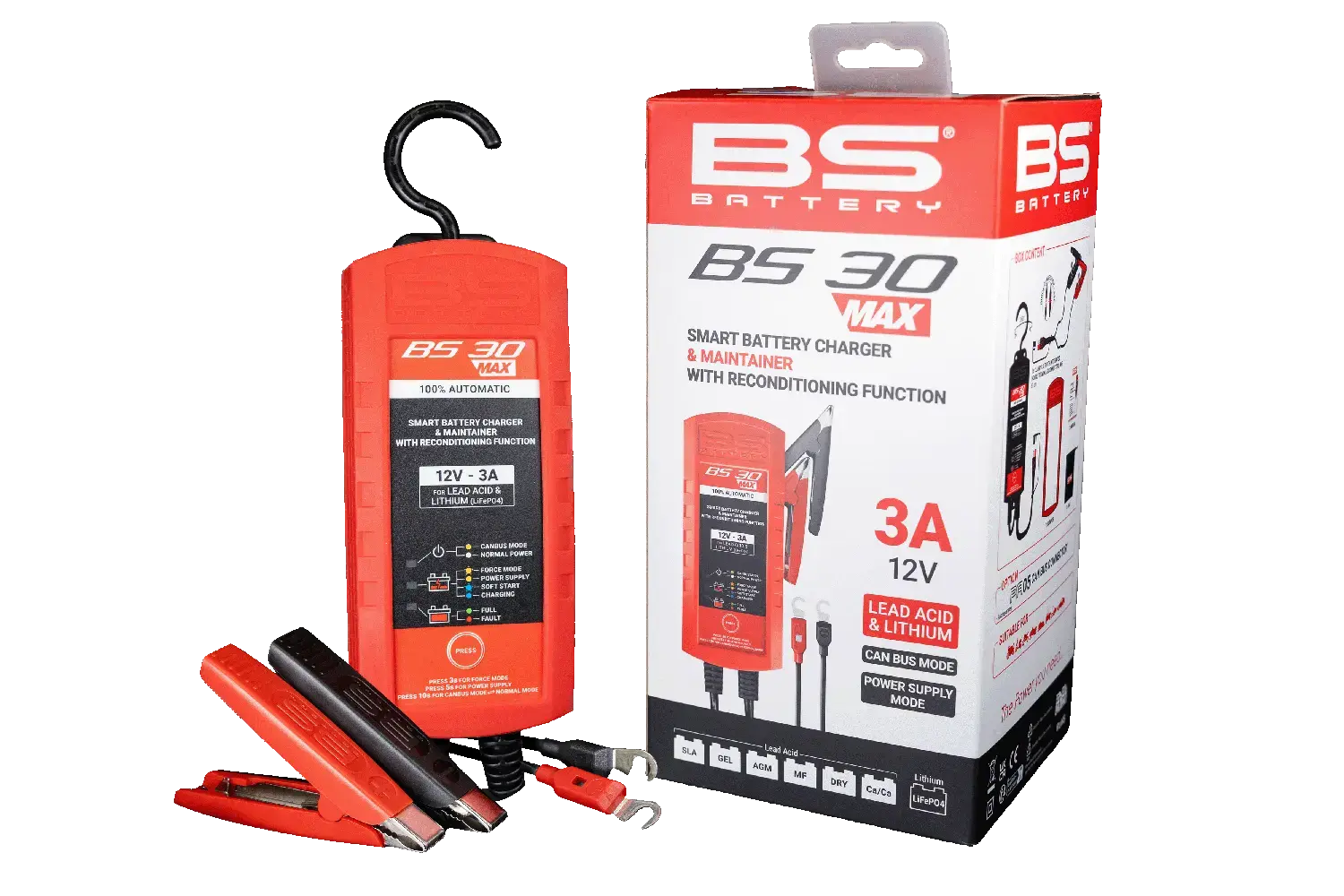 Ladegerät BS30 Max 12V 3A von BS Battery für Motorrad- und Rollerbatterien