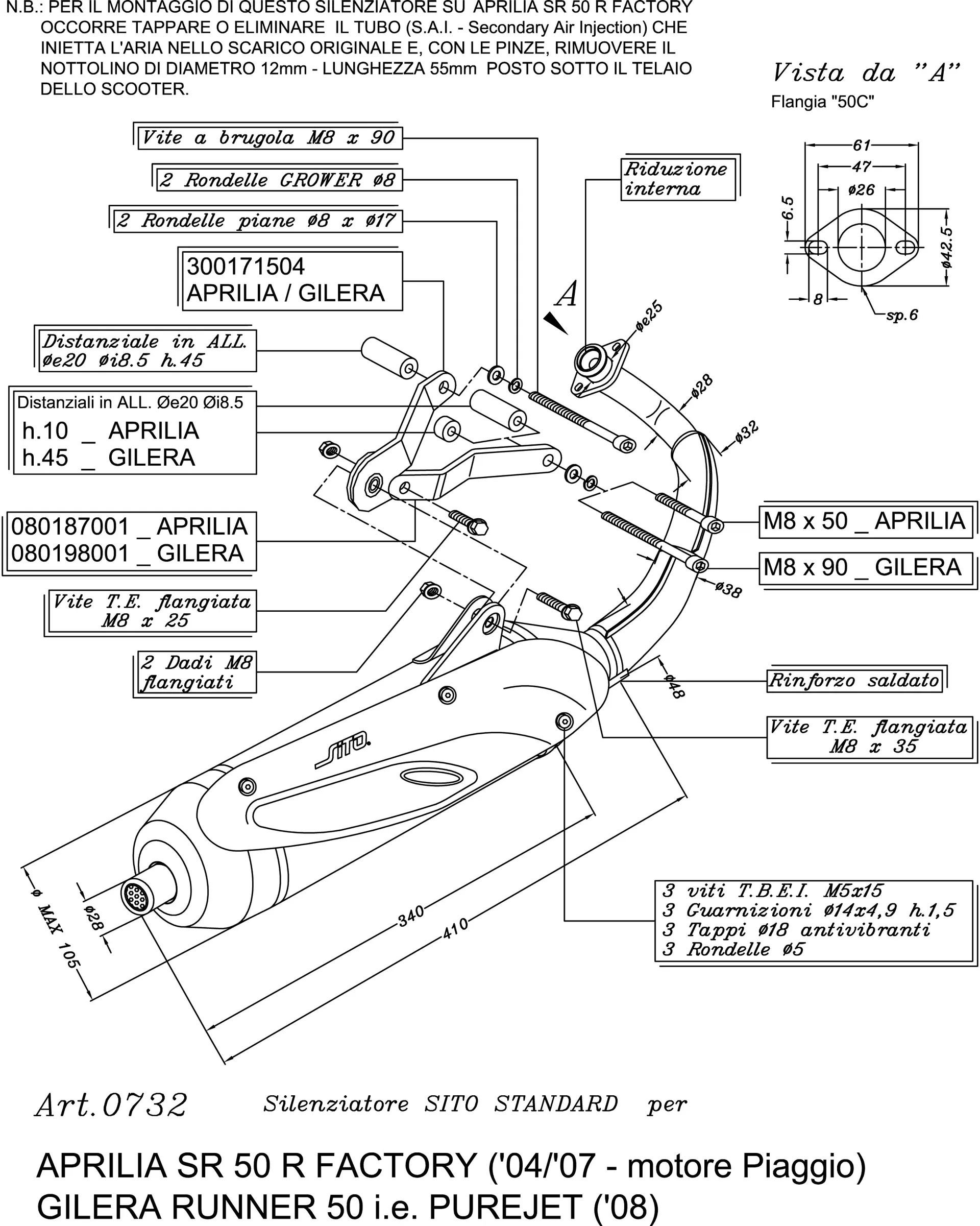 Leovince Sito Plus Adaptable Silencer for Gilera 50 Runner Pure Jet 2008+ and Aprilia 50 SR Factory (Piaggio carburetor engine) - Ref. 0732 — view 8