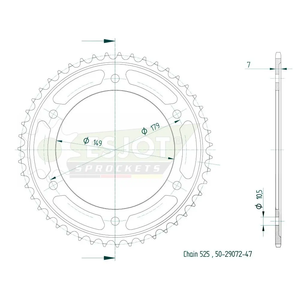 Esjot Teräshammaspyörä 47 hammasta - Nousu 525 moottoripyörille ja skootterille
