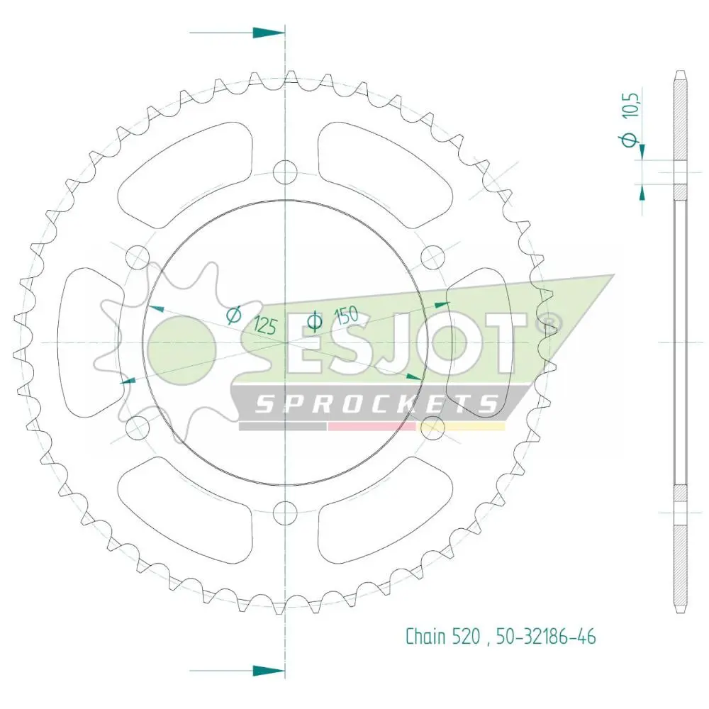 46T 스틸 리어 스프로킷 - 피치 520 Esjot (오토바이/스쿠터용)