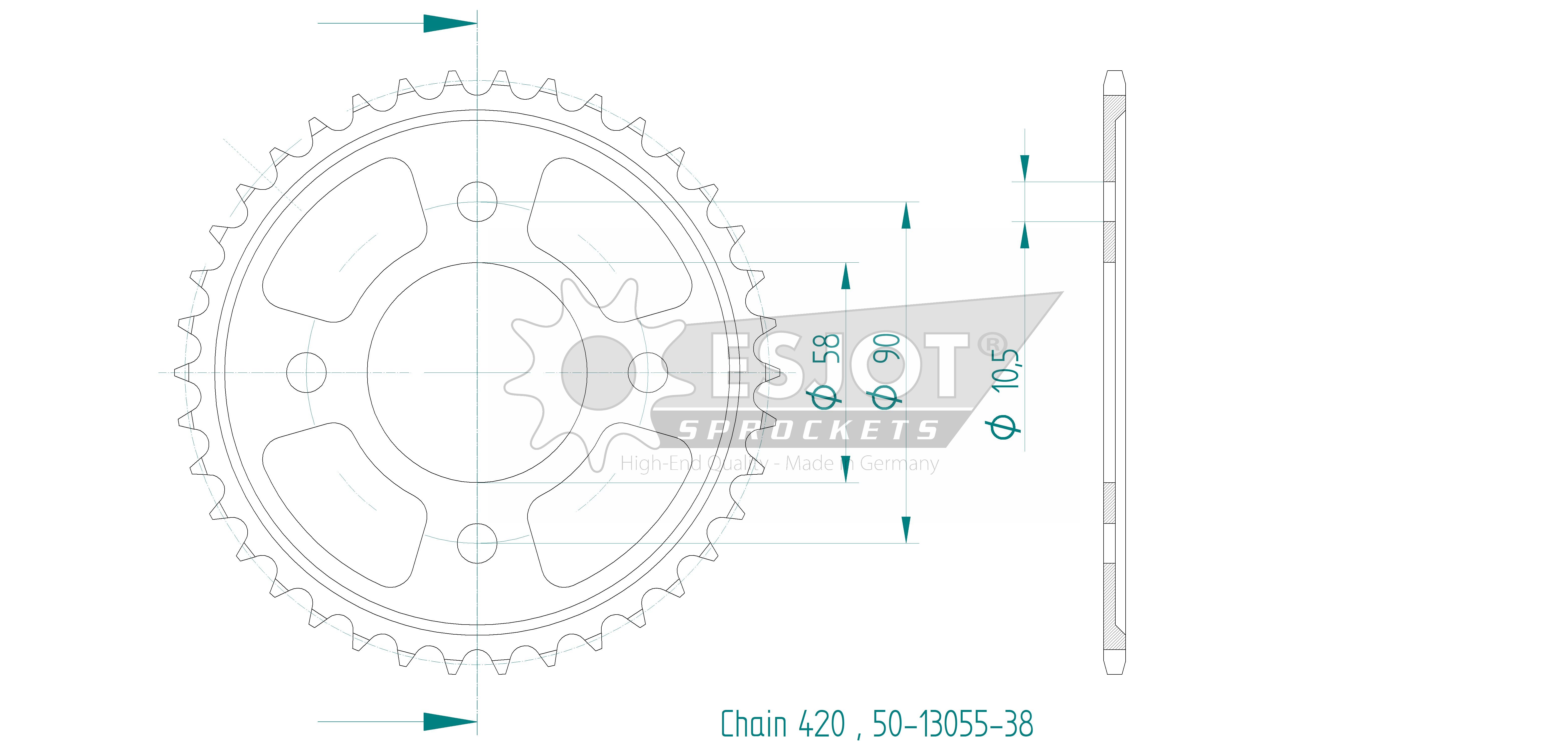 Couronne Esjot 38 dents PAS 420 Diamètre intérieur 058 Entraxe 090 - vue 2