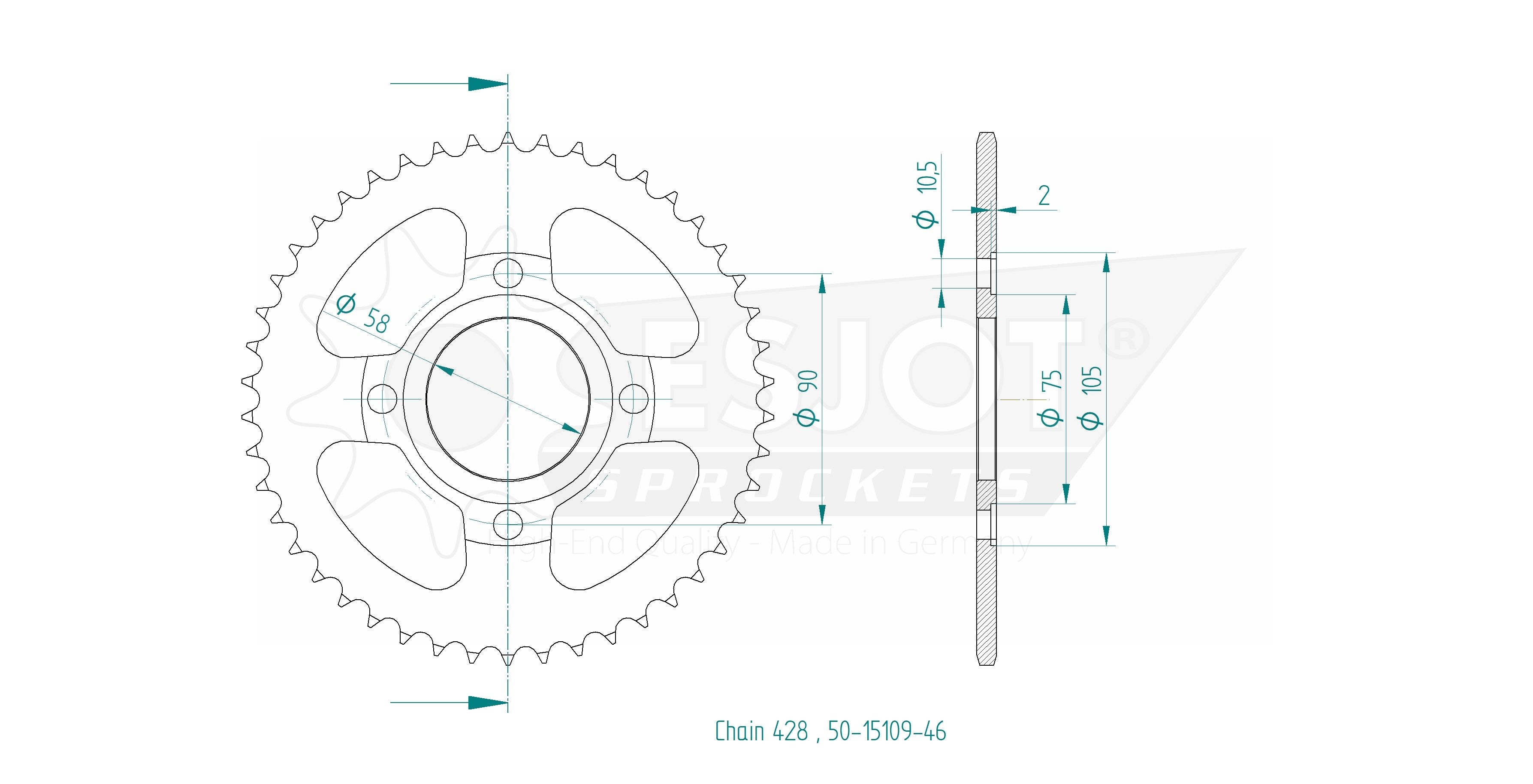 Couronne Esjot 46Z PAS 428 Diamètre intérieur 058 Entraxe fixation - vue 2