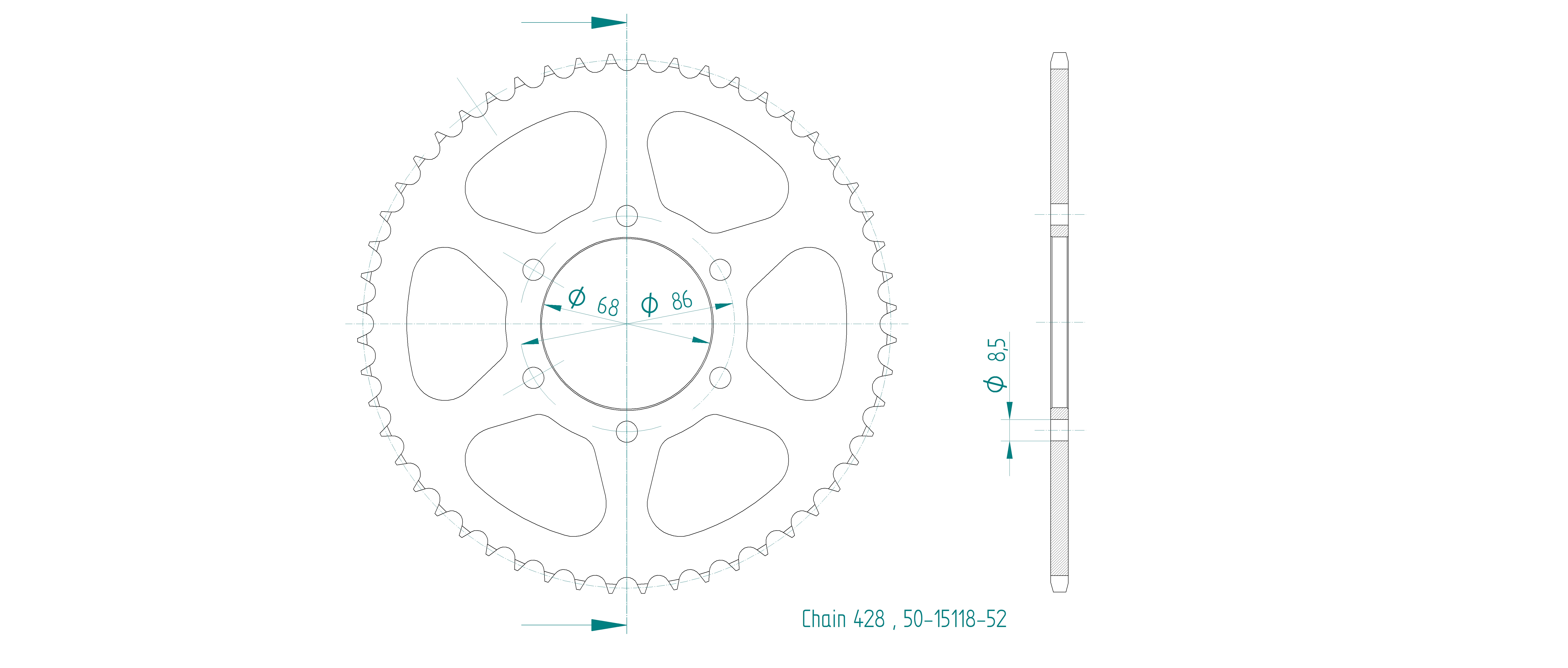 Couronne Esjot 52 dents pas 428 noir diamètre intérieur 068 entraxe 086 - vue 2