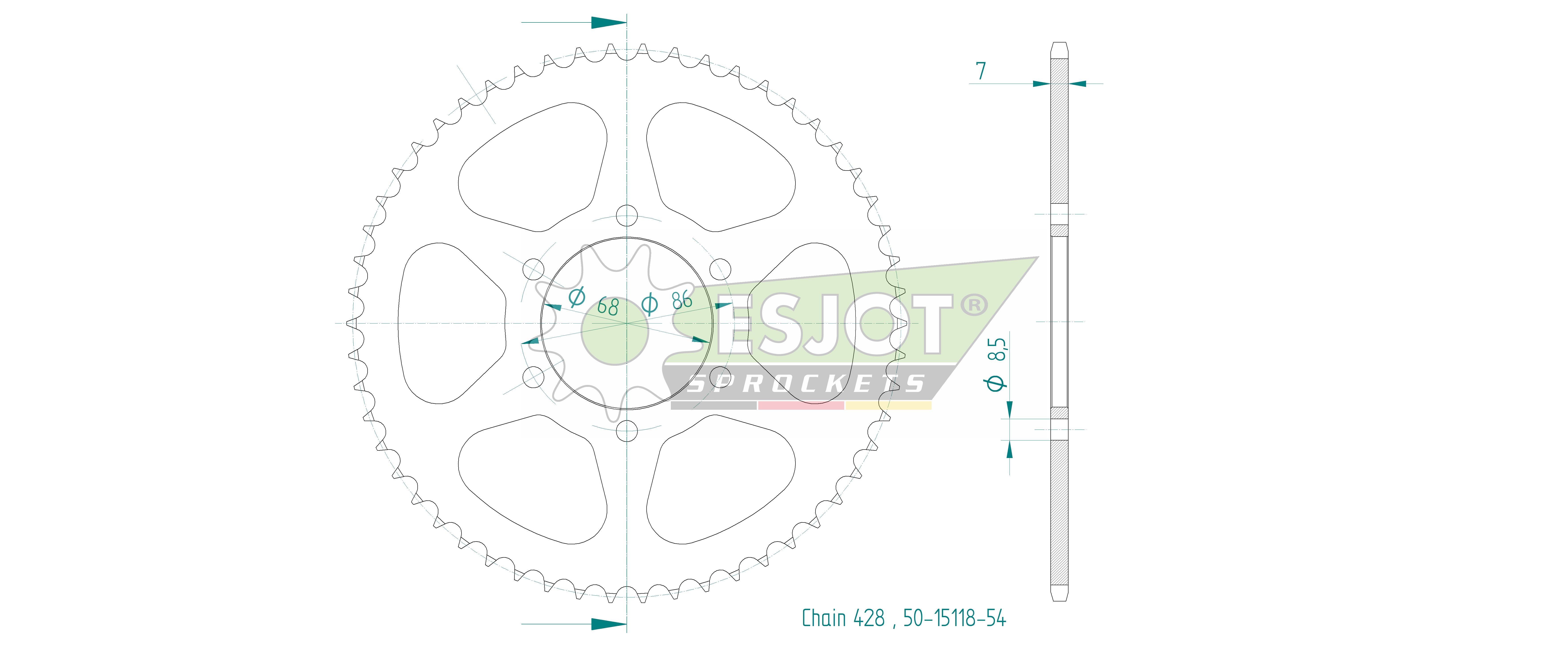 Couronne Esjot 54 dents PAS 428 Diamètre intérieur 068 Entraxe 086 - vue 2