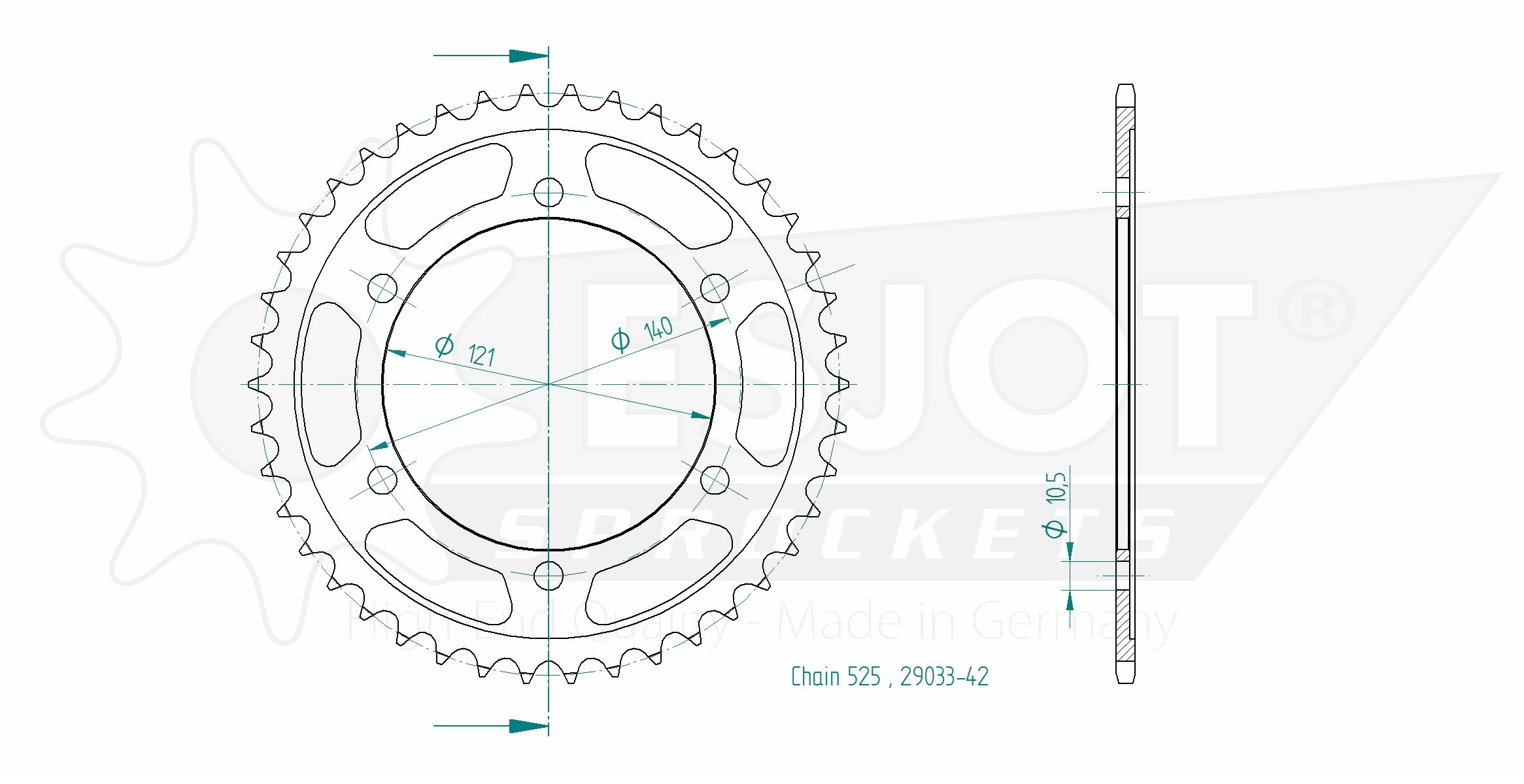 Couronne Esjot 42 dents pas 525 diamètre intérieur 121 entraxe 140 - vue 2