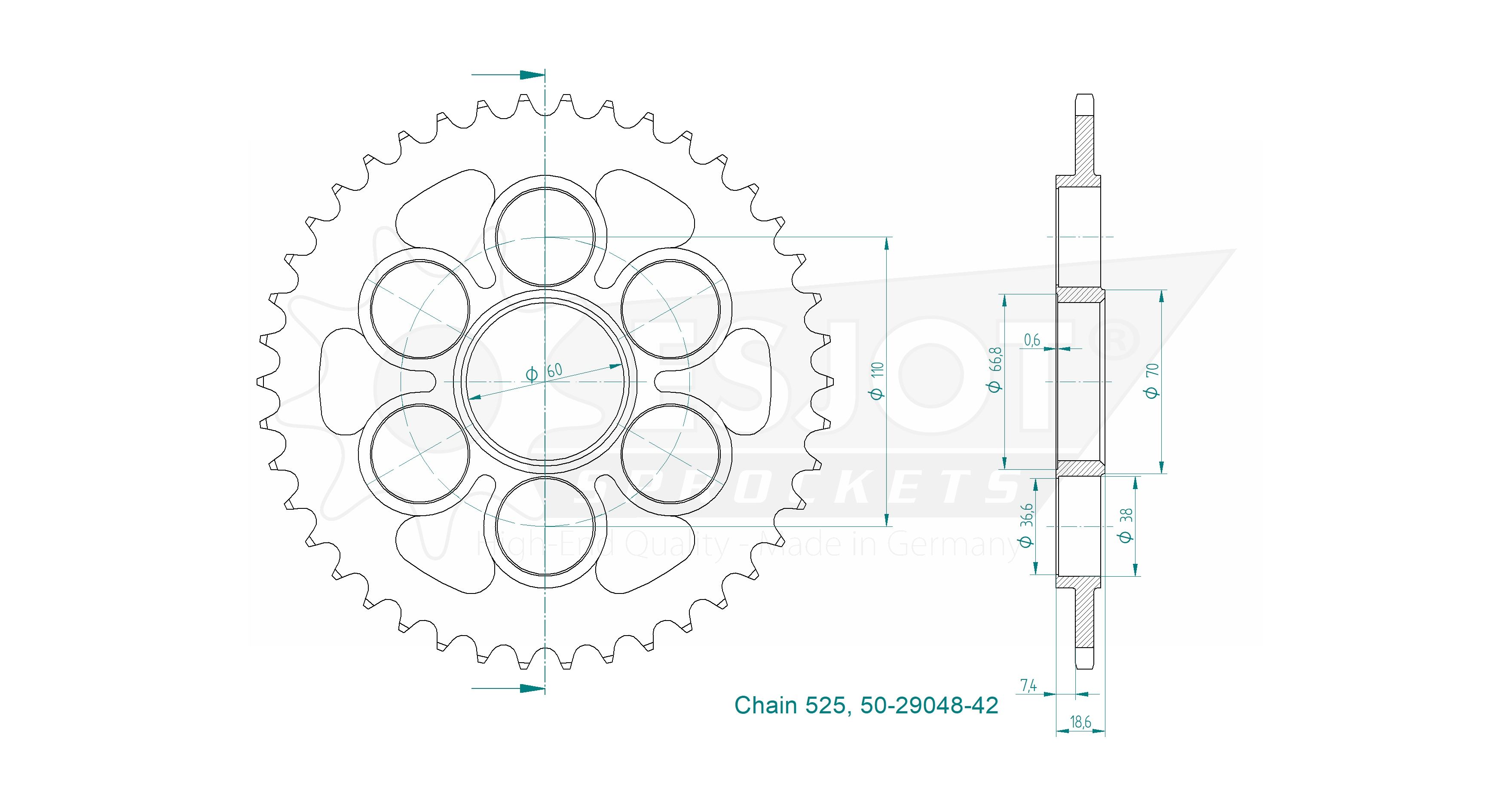 Couronne Esjot 42 dents PAS 525 diamètre intérieur 060 entraxe 110 - vue 2