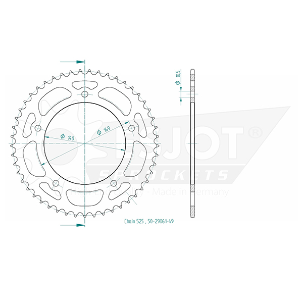 Couronne Esjot 49 dents PAS 525 Diamètre intérieur 140 Entraxe 169 - vue 2