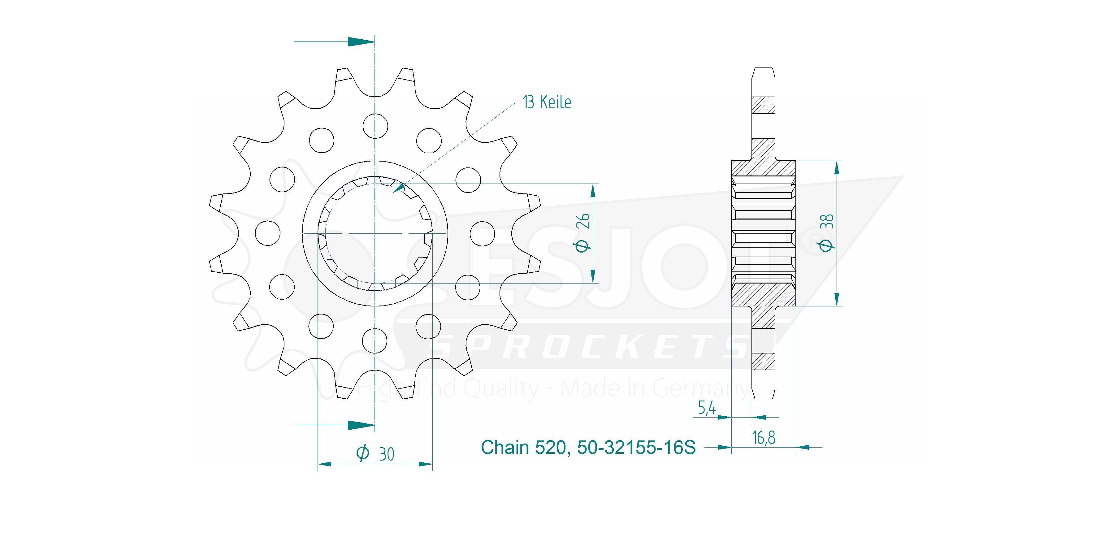 Pignon 16 dents pas 520 Esjot diamètre intérieur 26/30 - vue 4