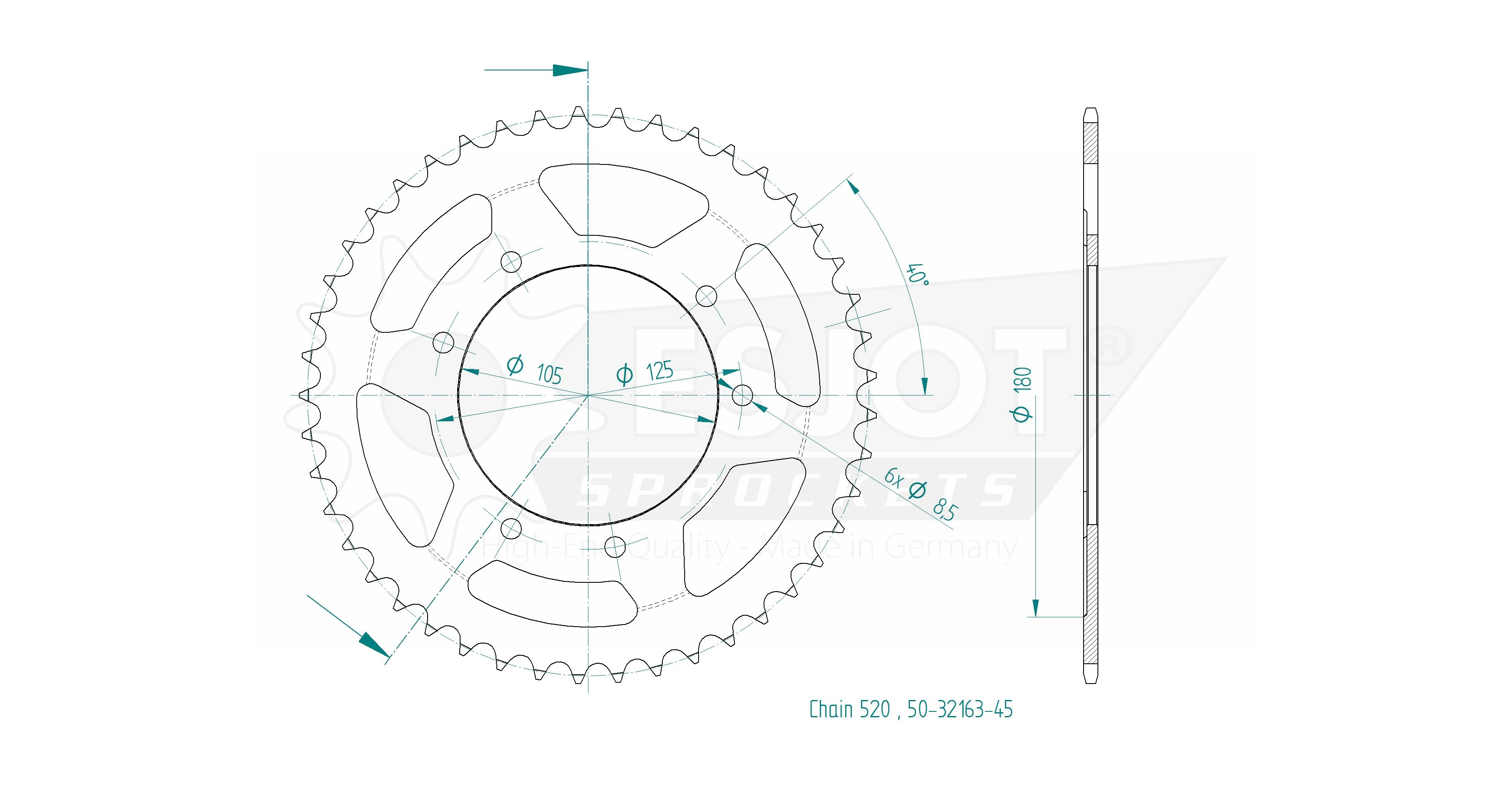 Couronne Esjot 45Z PAS 520 Diamètre Intérieur 105 Entraxe Fixation - vue 2