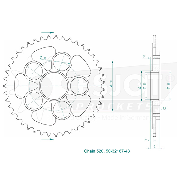 Couronne Esjot 43Z PAS 520 Diamètre Intérieur XXX Entraxe Fixation - vue 2