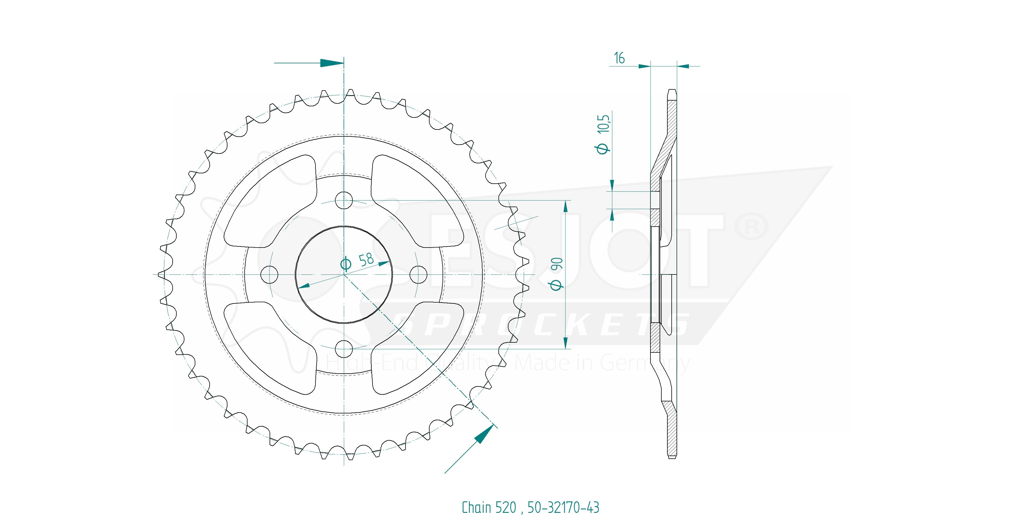 Couronne Esjot 43Z PAS 520 Diamètre Intérieur 058 Entraxe Fixation - vue 2