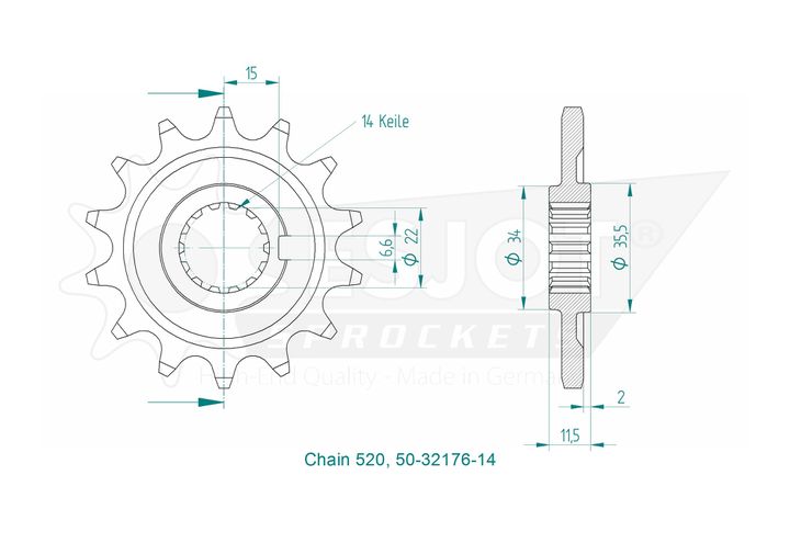 Pignon TT Sherco ESJOT 520 14 dents - vue 3