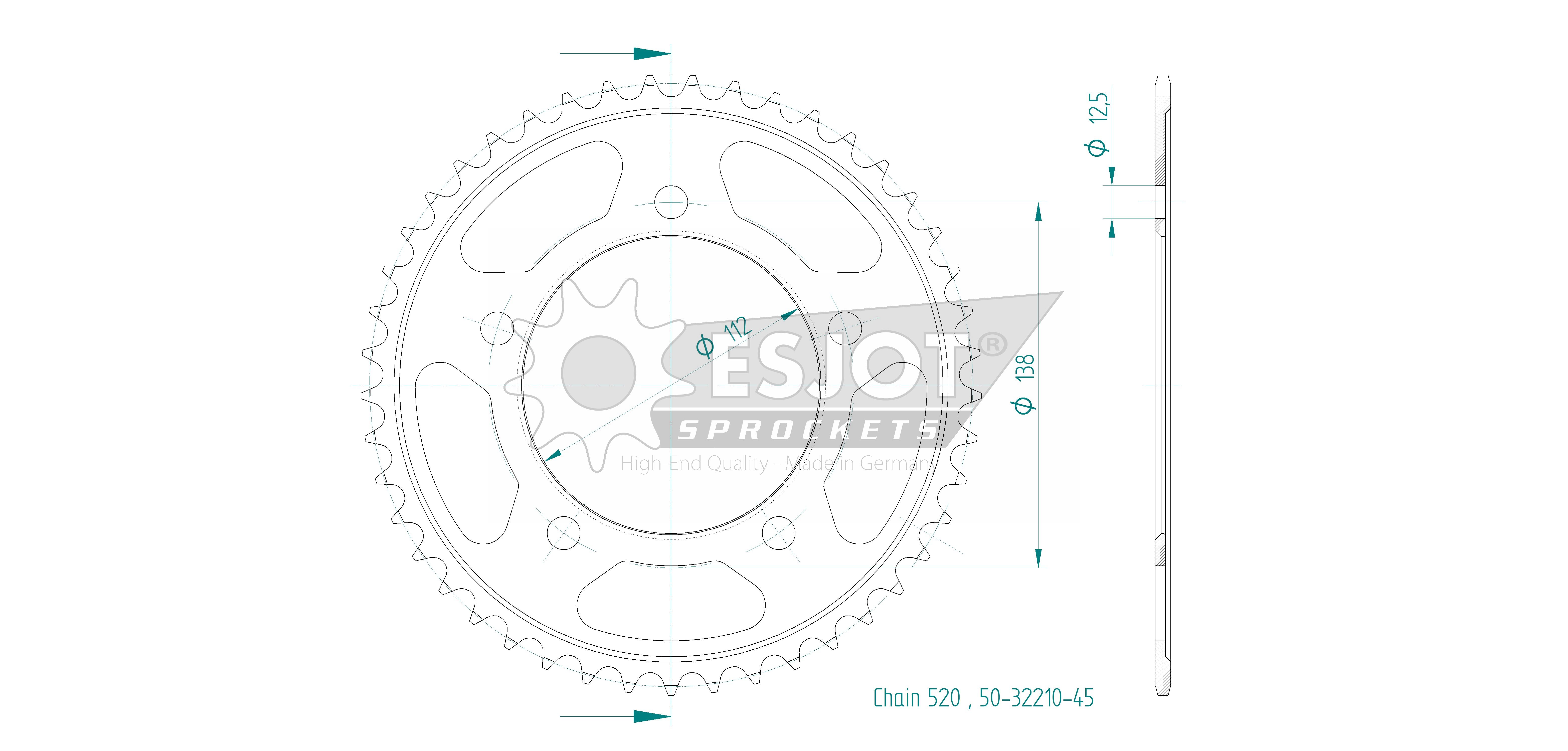 Couronne Esjot 45 dents PAS 520 noir Diamètre intérieur 112 Entraxe 138 - vue 2